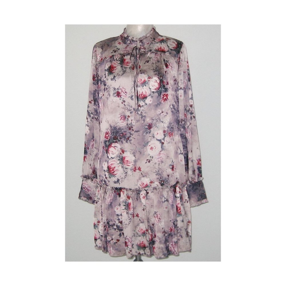 NWT Marchesa Notte FLORAL Long Sleeve Charmeuse Mini Dress 10 Mauve MSRP $395